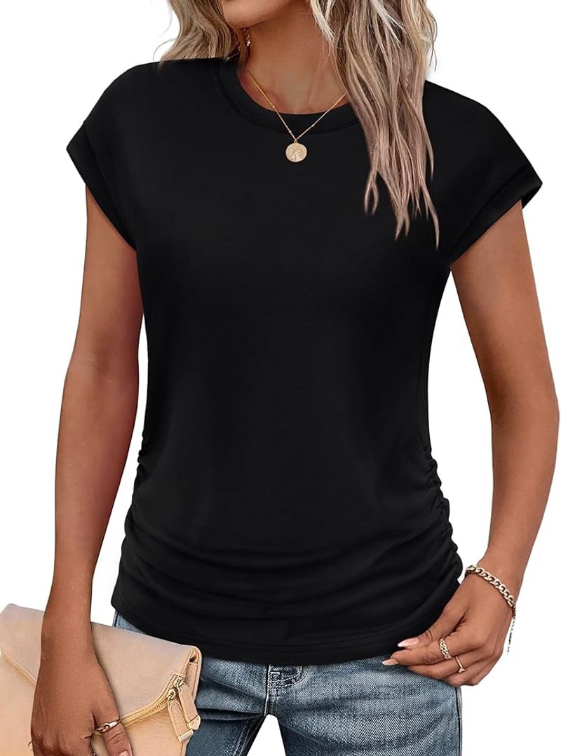 SAMPEEL Ruched Cap-Sleeve Crewneck Top