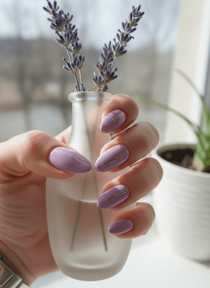 Minimalist Lavender Nails with Thin Silver Line Accents
