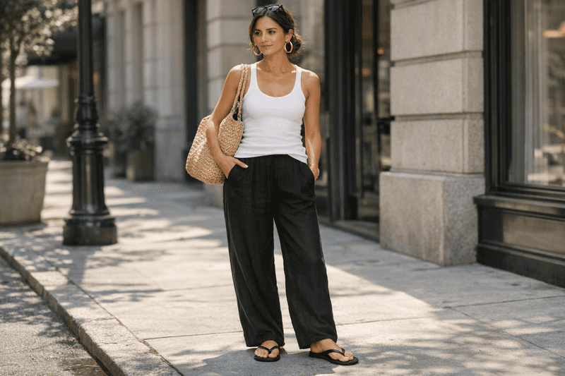 Black Linen Pants + White Tank + Leather Flip-Flops