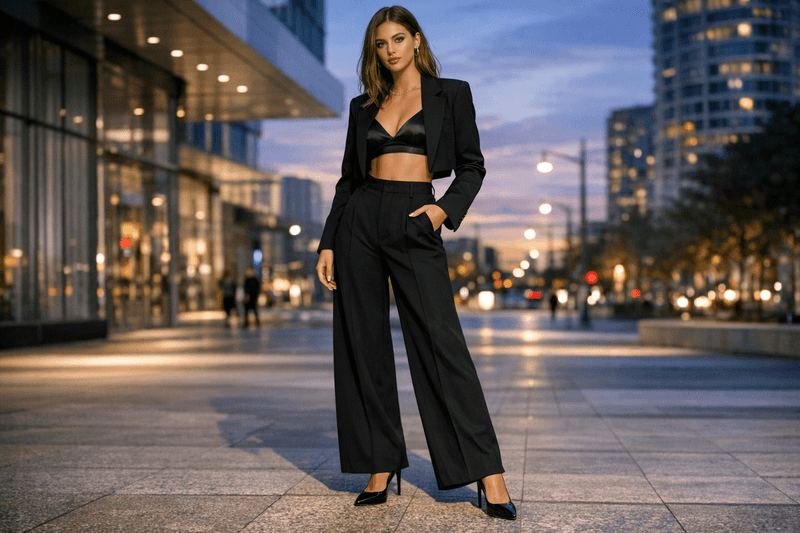 Black Wide-Leg Pants + Cropped Blazer + Bralette + Pointed Pumps