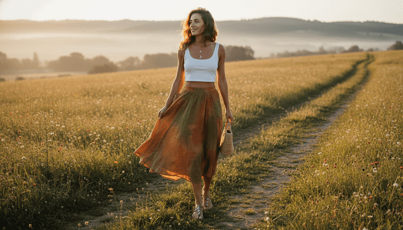 Flowy Midi Skirt + Crop Top + Beaded Flip-Flops