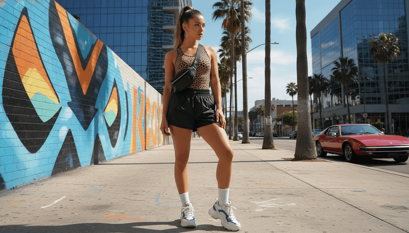 Layered with Sporty Staples Like Racer Tanks and Nylon Shorts