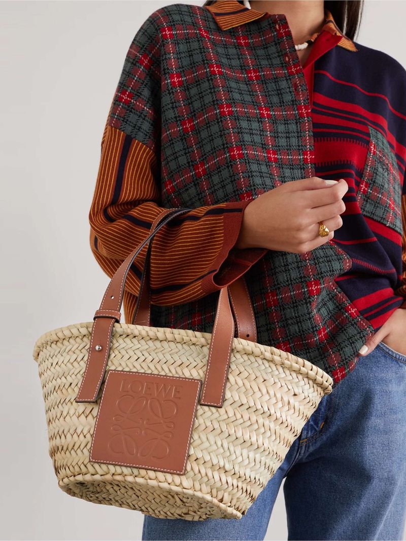Loewe Small Leather-Trimmed Raffia Tote