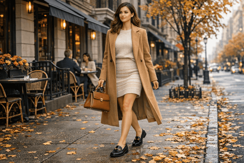 Matching Knit Set + Long Wool Coat + Loafers + Structured Bag