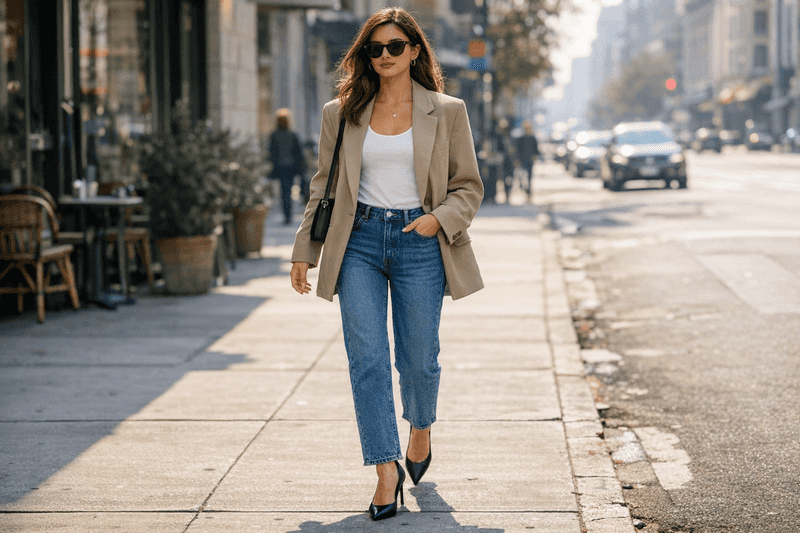 Oversized Blazer + White Tank + Straight-Leg Jeans + Pointed Heels