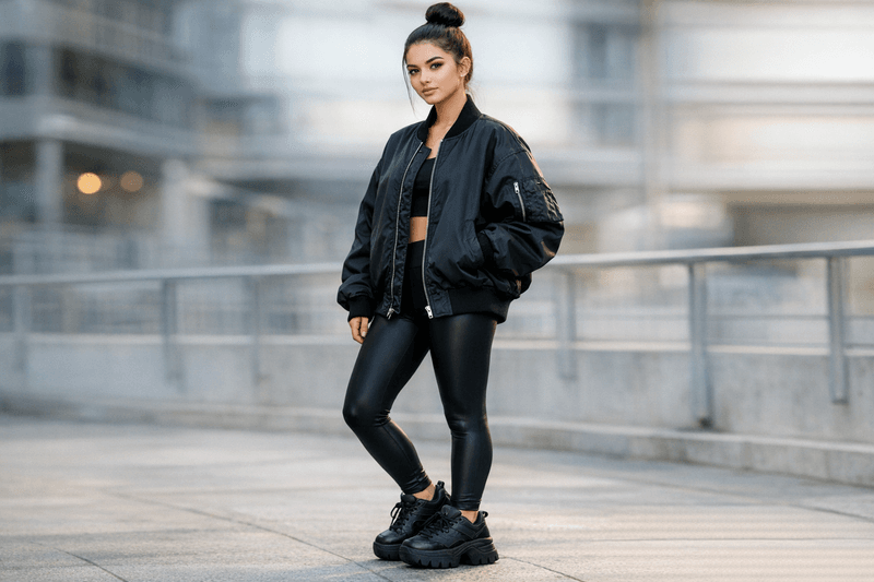 Oversized Bomber Jacket + Leggings + Chunky Sneakers + Slick Bun