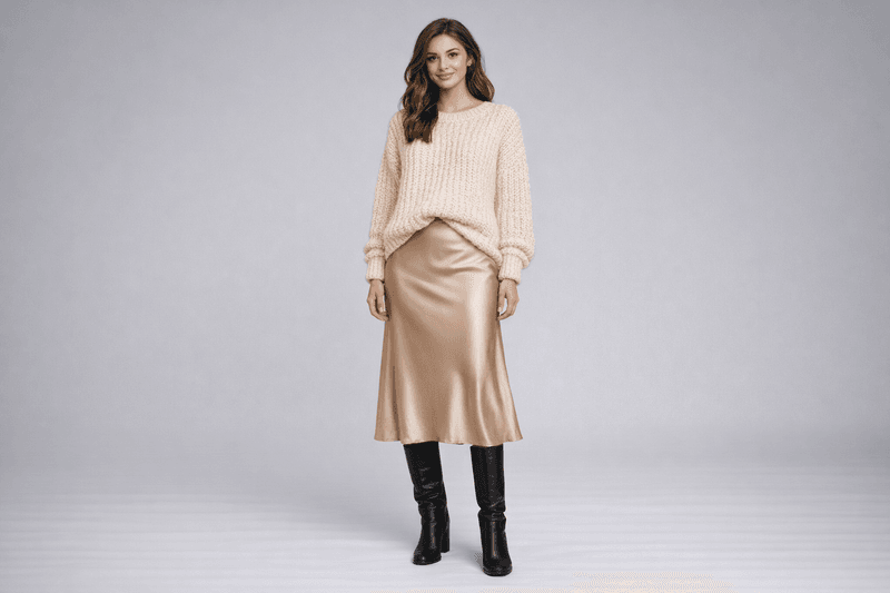 Satin Slip Skirt + Oversized Knit Sweater + Tall Boots