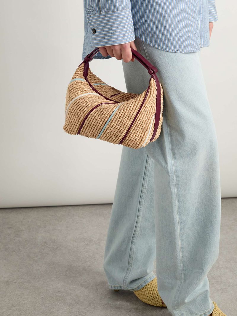 Wallace small striped leather-trimmed raffia tote