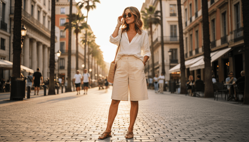 Wide-Leg Shorts + Linen Blouse + Strappy Flat Flip-Flops