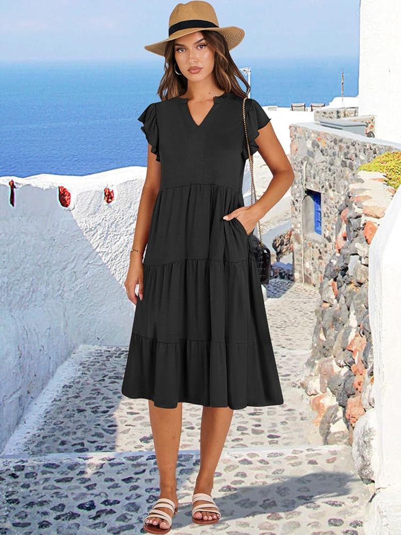 Anrabess Ruffle-Sleeve V-Neck Midi Dress
