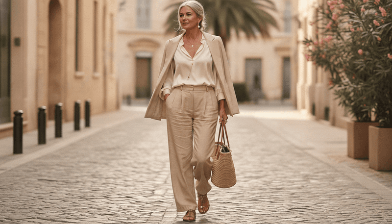 Beige Pleated Trousers + Metallic Sandals + Silk Blouse