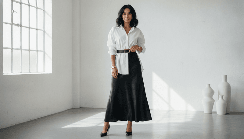 Black Satin Maxi Skirt + Oversized White Shirt