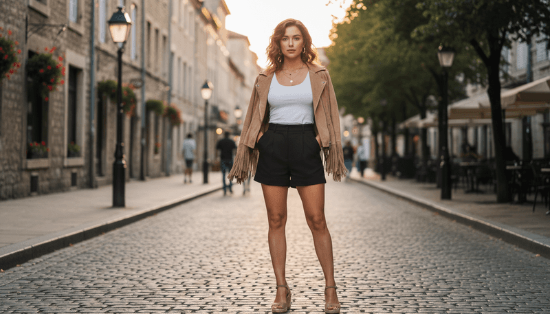 Black Tailored Shorts + White Tank + Suede Jacket