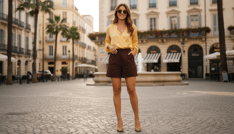 Chocolate Brown Shorts + Butter-Yellow Blouse + Slingbacks