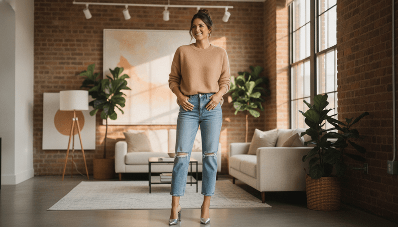 Cropped Jeans + Metallic Heels + Cashmere Crewneck