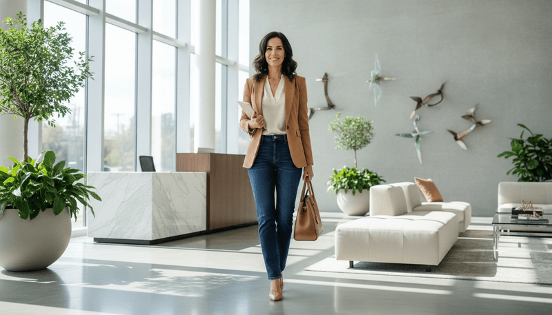 Dark-Wash Jeans + Pointed-Toe Pumps + Camel Blazer
