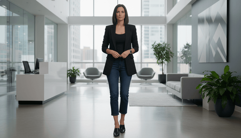 Denim Capris + Monochrome Tank + Longline Blazer + Mules