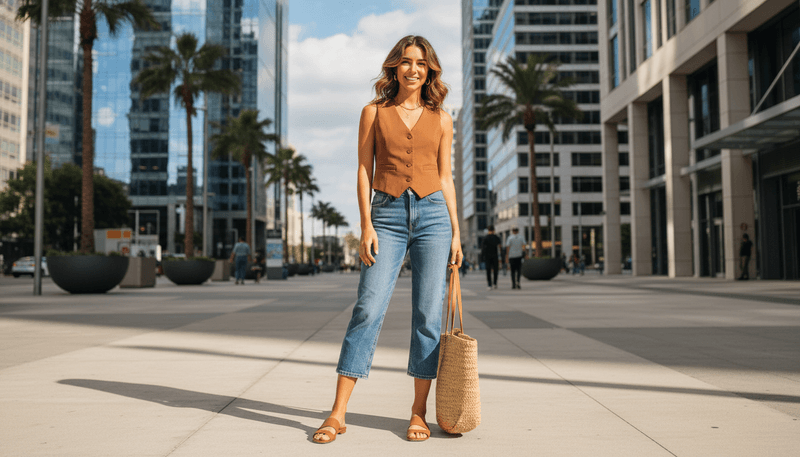 Denim Capris + Waistcoat Vest + Minimalist Sandals