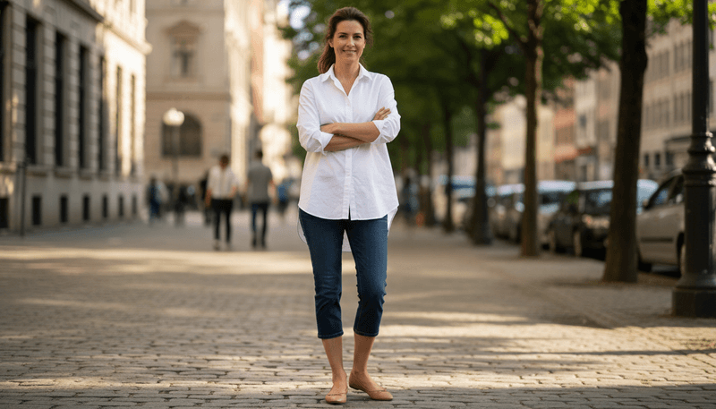 Denim Capris + White Button-Down Shirt + Ballet Flats