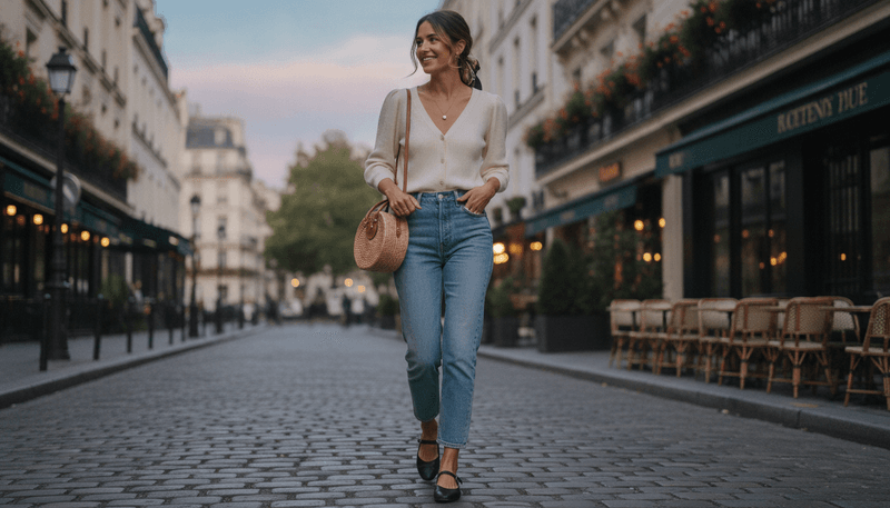 Jeans + Lightweight Cardigan Worn as a Top + Mary Janes