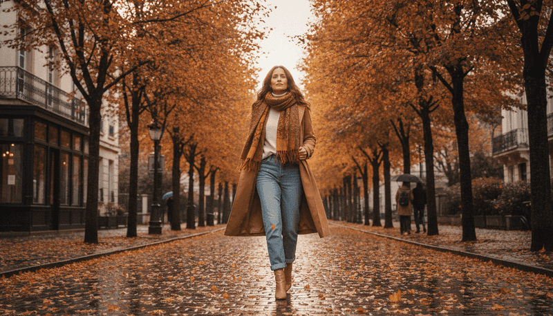 Light-Wash Jeans + Beige Heeled Boots + Trench Coat