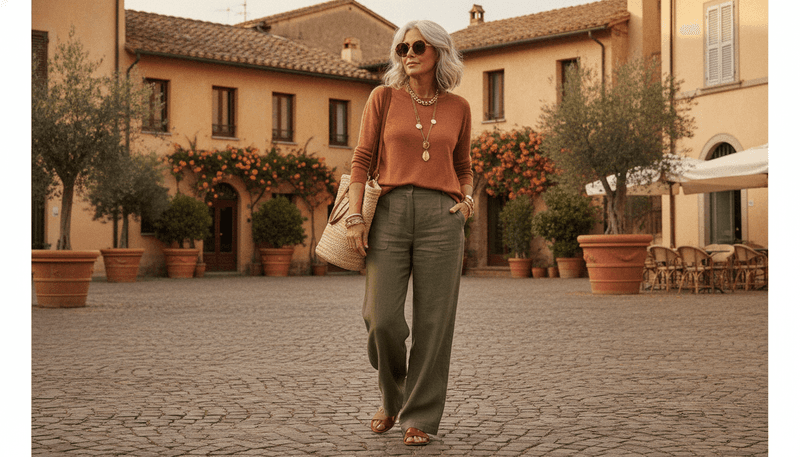 Olive Wide-Leg Trousers + Brown Sandals + Lightweight Knit