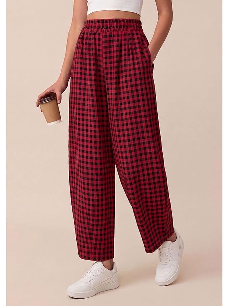 PRETTYGARDEN Wide-Leg Gingham Lounge Pants
