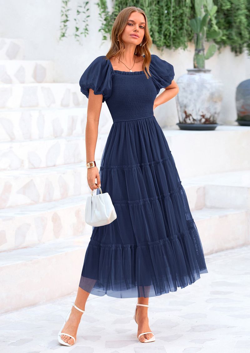 PRETTYGARDEN Women's Smocked Tulle Midi Dress
