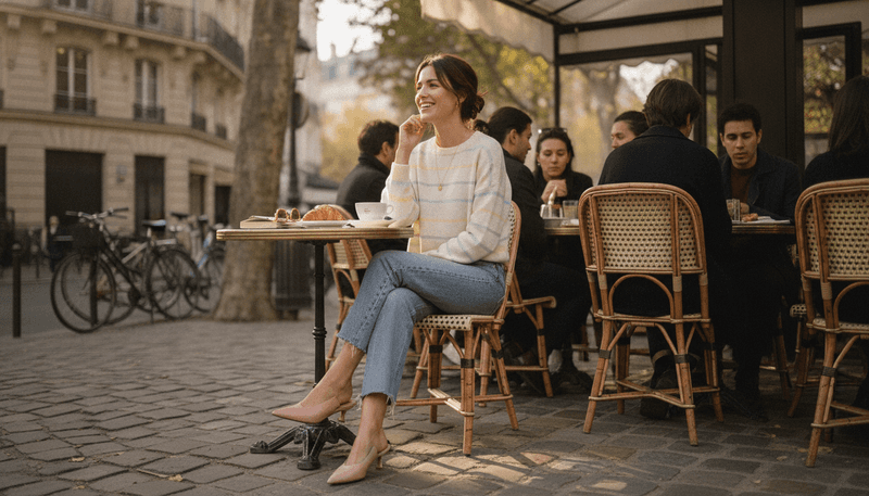 Relaxed Jeans + Kitten-Heel Mules + Fine-Knit Sweater