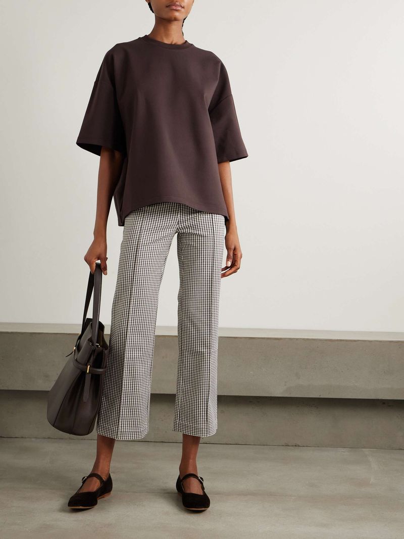 STAUD Knack Cropped Gingham Stretch-Cady Flared Pants