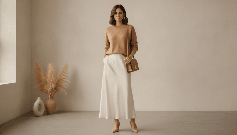 Satin Maxi Skirt + Cashmere Sweater + Slingback Heels