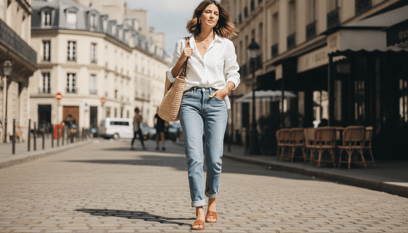 Straight-Leg Jeans + White Poplin Shirt + Leather Sandals