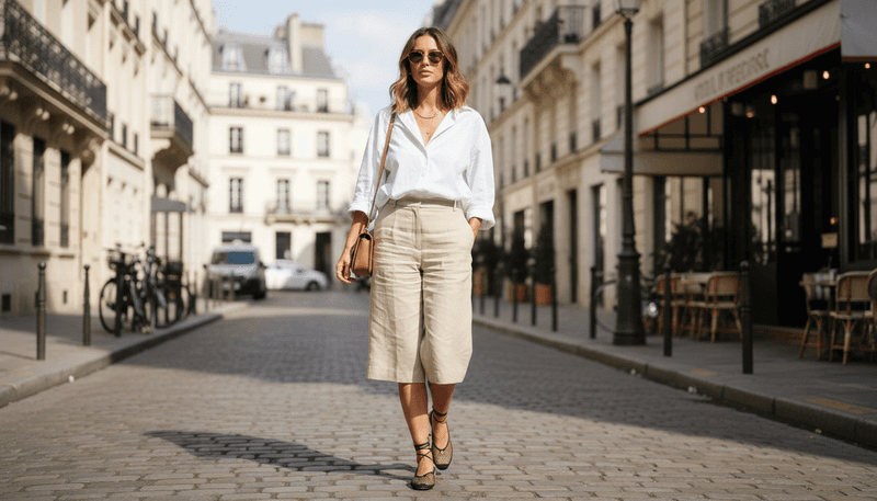 Tailored Bermuda Shorts + Oversized White Shirt + Mesh Flats