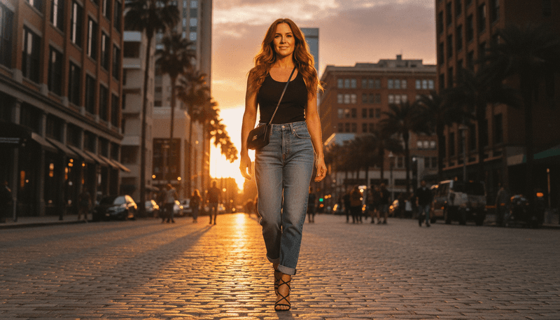 Vintage-Wash Jeans + Strappy Sandals + Black Tank Top