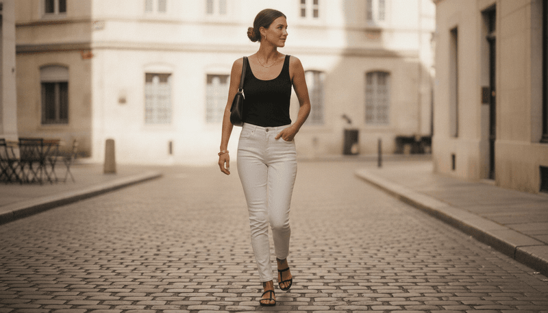 White Jeans + Black Tank Top + Minimal Sandals