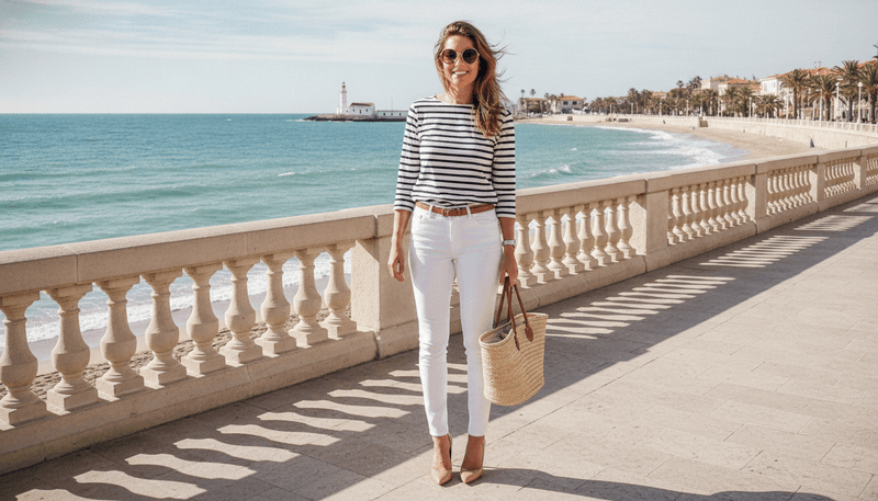 White Jeans + Nude Heels + Striped Breton Top