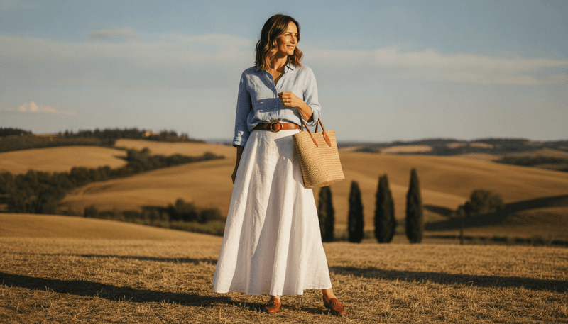 White Linen Maxi Skirt + Crisp Button-Down Shirt