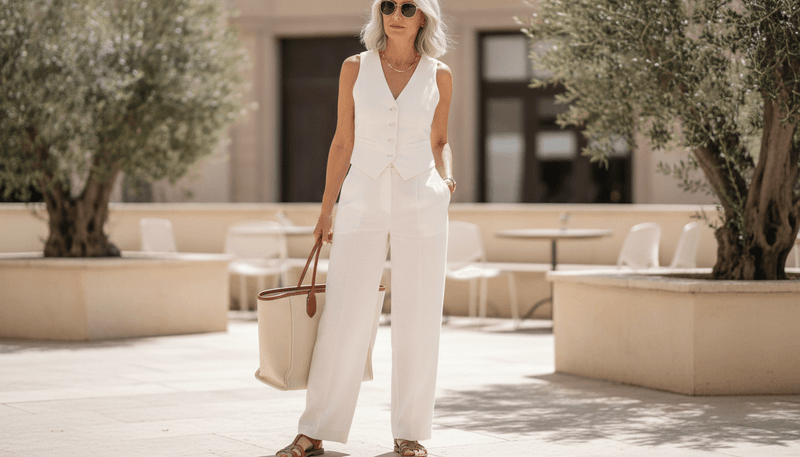White Tailored Trousers + Fisherman Sandals + Linen Waistcoat