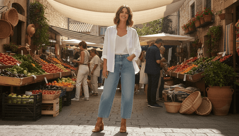 Wide-Leg Jeans + Block-Heel Sandals + Linen Shirt