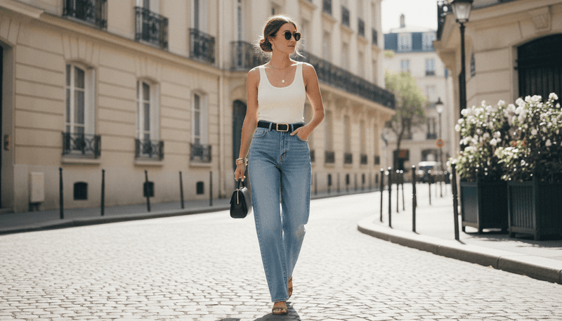 Wide-Leg Jeans + Fitted Ribbed Tank + Sleek Belt