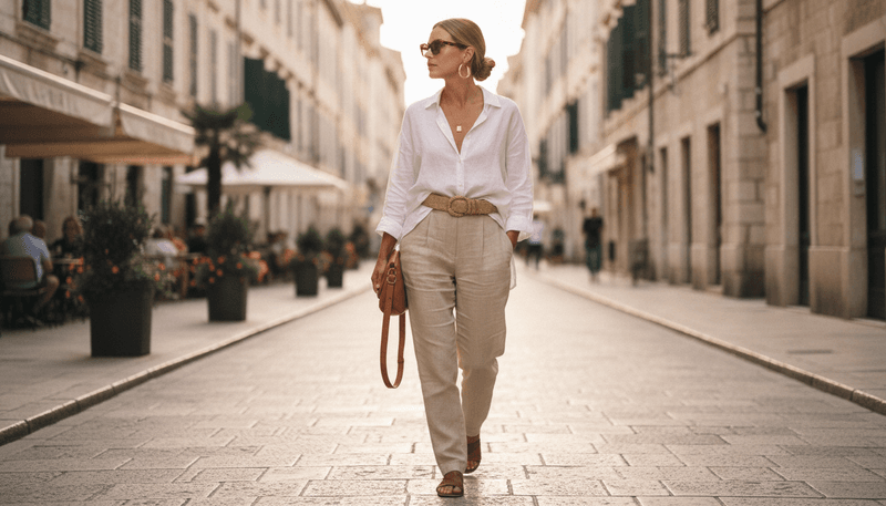 With Linen Trousers and Leather Sandals