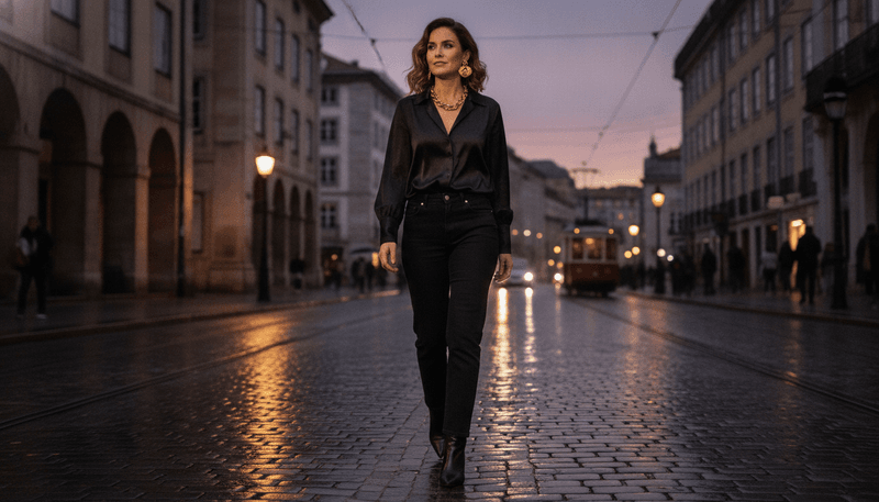 Black Satin Blouse + Black Jeans