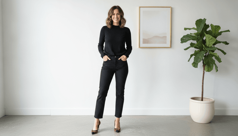 Black Straight-Leg Jeans + Leopard Print Heels