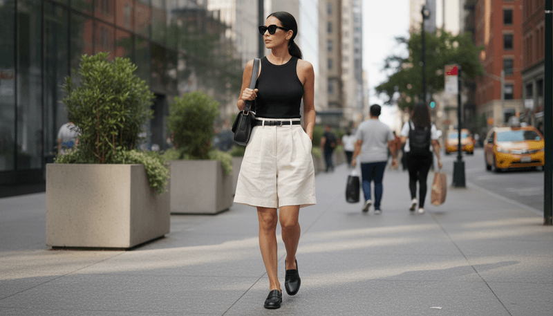 Black Tank + High-Waisted Cream Shorts