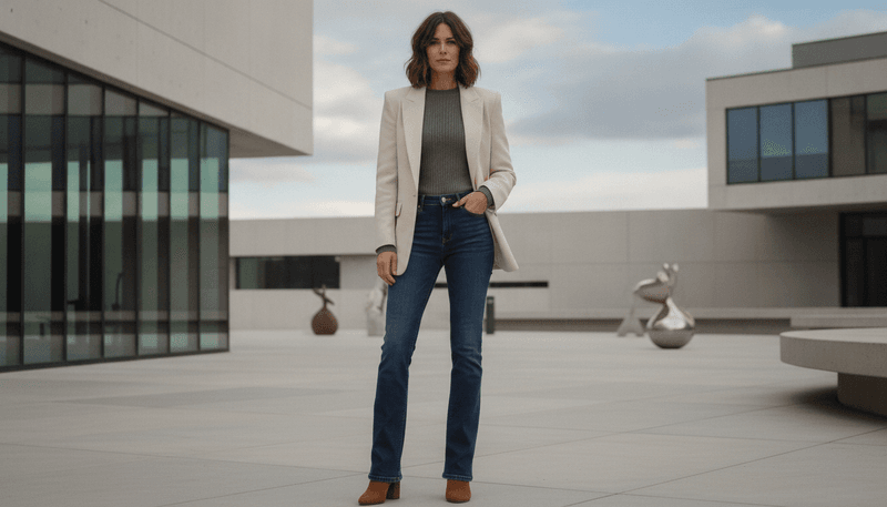Dark Wash Bootcut Jeans + Suede Block Heels