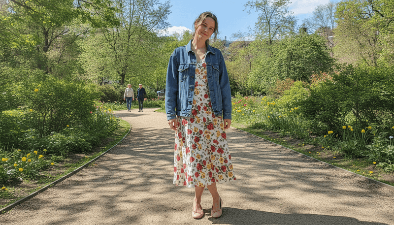 Denim Jacket Over a Floral Midi Dress