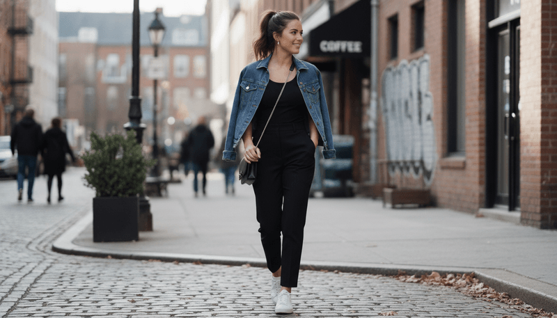 Denim Jacket With Black Trousers and a Tank Top
