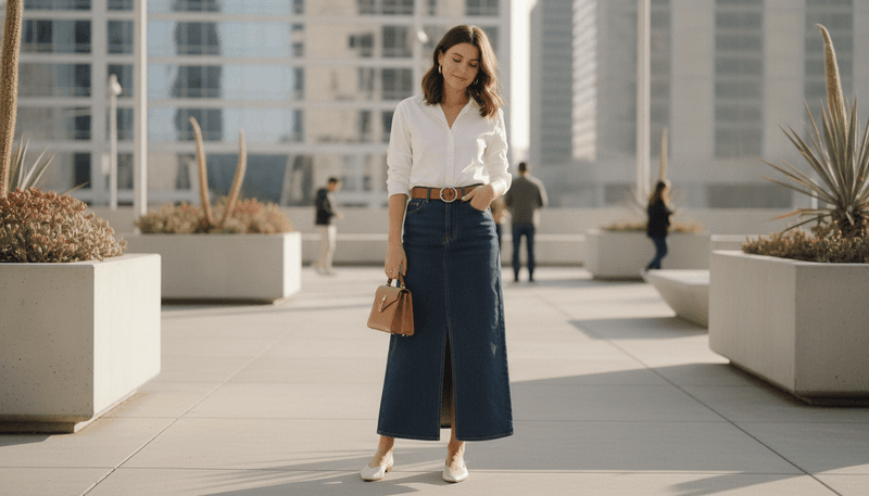 Denim Maxi Skirt With a Crisp White Shirt