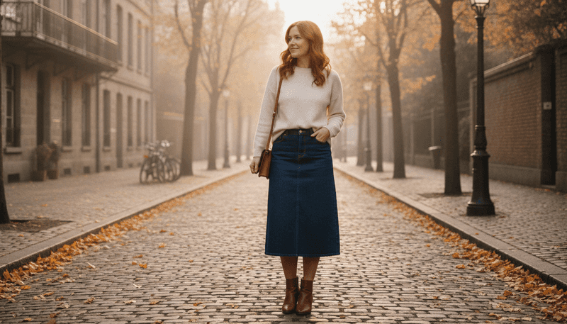 Denim Midi Skirt With a Lightweight Sweater