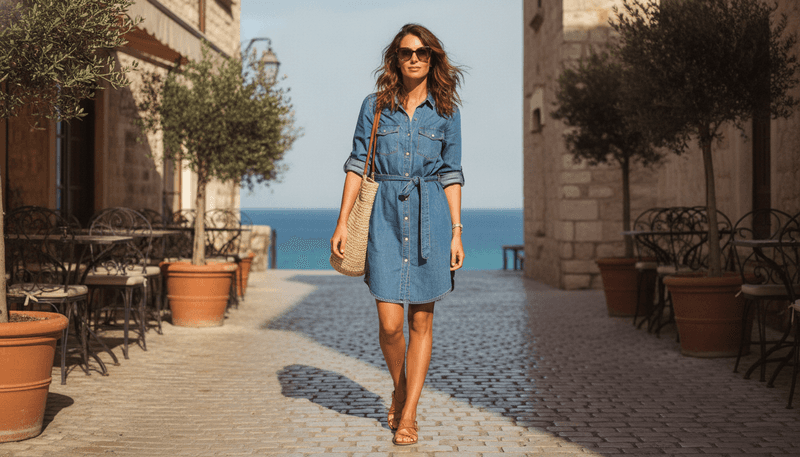 Denim Shirt Dress With Leather Sandals
